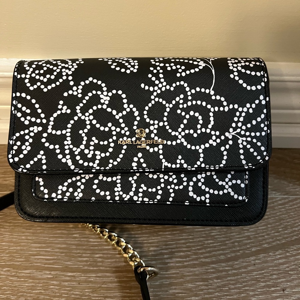 Karl Lagerfeld Black and White Dot Pattern Crossbody Bag